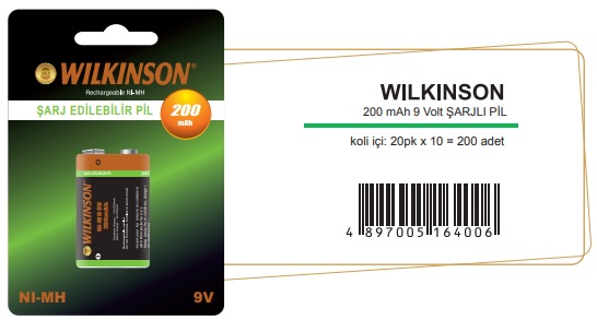 WILKINSON Süper Şarj edilebilir 9 Volt Pil - 200mah 9 V